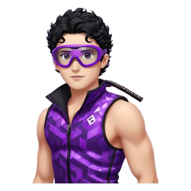 male athlete with white skin and moderately curly black hair on top with shaved sides, wearing ski goggles with purple frames and very dark black lenses, a simple plain black chain necklace, and a completely unzipped sleeveless vest with purple and black sequin fire pattern design, fully revealing his chest, shoulders and arms, no earrings sticker