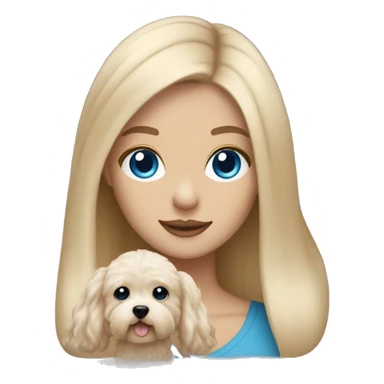 Blonde girl with long straight hair with blue eyes holding a beige maltipoo sticker