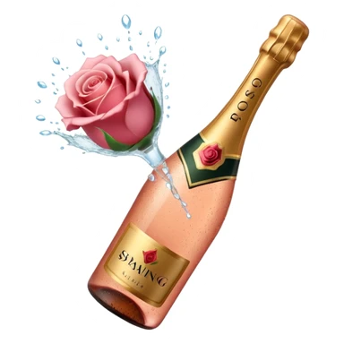 bottle of sparkling rosé champagne with a rose logo on the label, with the cork exploding out from the top, tilted up and to the left, no glass sticker