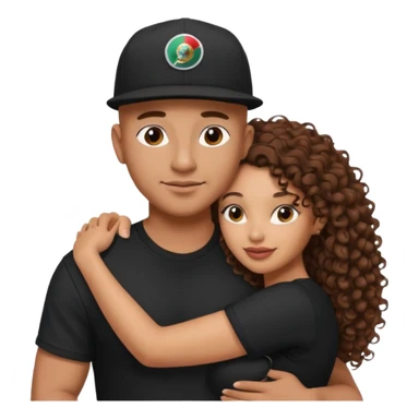 A picture of a tanned couple embracing. the guy is Mexican, with a bald hair cut and he has a SnapBack hat on. The girl is mixed, the girl is wearing a black shirt, the girl has brown curly big hair and the girl has big boobs  sticker