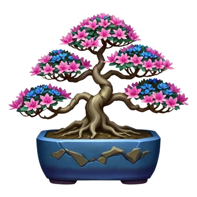 Futuristic wild et alien moss maples Bonsai hair-fine-leaf group crimson crystal azalea purple and cream pink blue informal rocky cliffhanger forest planting in shallow slab style pot  sticker