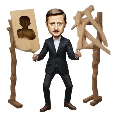 Hyper realistic Vladimir Zelensky pulls the strings of a wooden doll sticker