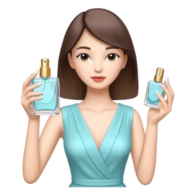 stylish woman spraying perfume, holding a perfume bottle, soft mist spray in the air, elegant pose, 3D cartoon, mobile game icon style, clean background, no text, no watermark

 sticker