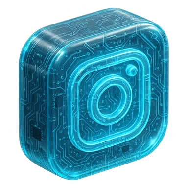 Futuristic Instagram logo, glossy circuit style, luminous blue highlights, transparent background sticker