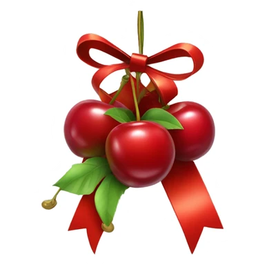 A gift bow with two short strings hanging down. From the center of the bow, two cherry stems with cherries dangle down, as if they are part of the bow sticker