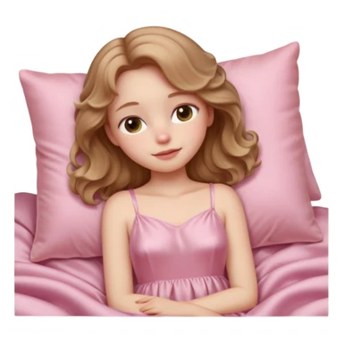 Sleeping beauty pale-skinned girl with light brown wavy hair, resting peacefully on a soft pink silk pillow, wearing a pastel pink dress, dreamy and cozy aesthetic, 3D emoji style, soft shading, Apple-style design. sticker