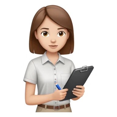 Intern or volunteer with brown hair holding a clipboard and pencil, ready to take notes or assist. The character wears a simple shirt and has an eager posture sticker