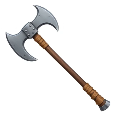 barbarian axe object icon, huge double-bladed axe, rough metal, wooden handle, leather wraps, fantasy style, 3D cartoon, mobile game icon style, centered, clean background, soft shadow, no text, no watermark
 sticker