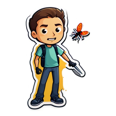 Guy killing bugs sticker