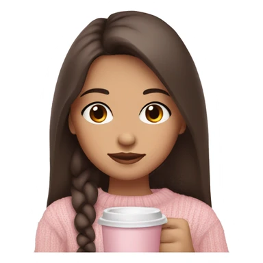 Long dark brown haired girl with dark brown eyes light tan skin and blushing cheeks in a baby pink sweater holding coffee  sticker