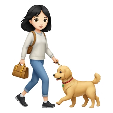 A black-haired girl walking with a golden retriever sticker