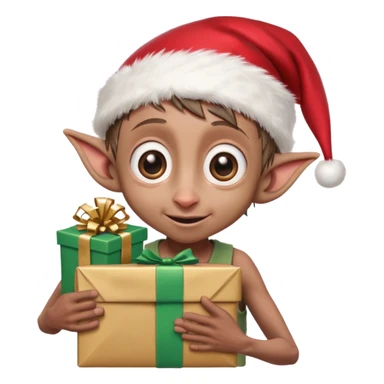 Dobby the house-elf wearing a tiny Santa hat, holding a wrapped gift with his big, joyful eyes shining sticker