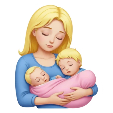 Mother is holding a baby, the mother has yellow hair and pink clothes, the baby is sleeping in blue clothes sticker
