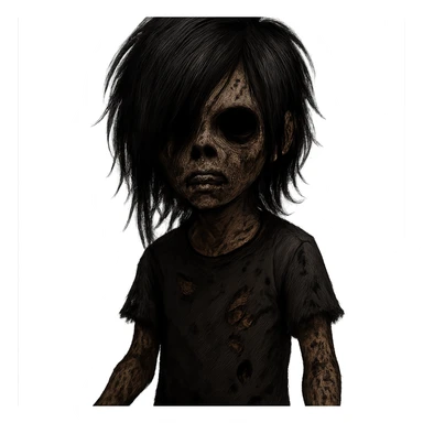 boy zombie with black hair, emo style, creepy, long hair, scary, black eyes, brown skin sticker