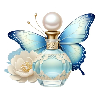A delicate glass perfume bottle with an iridescent pearl finish rests on a vintage lace doily. A pale blue butterfly flutters nearby, its shimmering wings catching the soft golden light. Scattered white peony petals and a string of pearls add a touch of timeless elegance. sticker