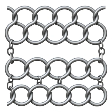 3D render of Chain Link Fence, made of interlocking chainmail metal rings, wire mesh texture, visible holes and negative space, metallic silver and grey, high contrast shadows, emoji style, isolated on white background --v 6.0. sticker