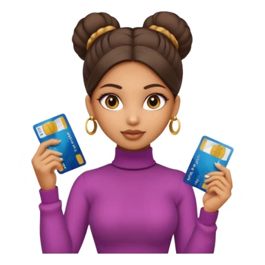 a pretty bratz fair indian girl wearing a beige turtleneck, golden earrings, bun, holding bank cards sticker