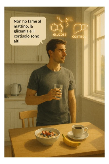 A realistic, cinematic illustration of a man in his early 30s with a lean, healthy build, standing calmly in a bright, minimal kitchen in the early morning. On the kitchen table, there is a prepared but untouched healthy breakfast (oatmeal, fruit, coffee). The man, with a neutral and focused expression, holds a glass of water while looking out of the window where morning sunlight enters. Above him, subtle glowing medical icons display: a glucose molecule, a cortisol hormone symbol, and a liver icon, indicating high morning blood sugar and cortisol levels. A small speech bubble or text overlay says: ‘Non ho fame al mattino, la glicemia e il cortisolo sono alti.’ The scene conveys a sense of calm, clarity, and body awareness, showing that the man consciously avoids breakfast due to physiological signals rather than restrizione. The style is realistic, warm, with a slight film grain, emphasizing health and conscious self-regulation. sticker