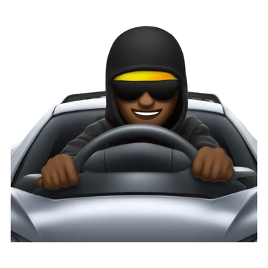 Roadman in a black ski mask driving a fast sports car, city streets and blurred lights in the background, intense vibe sticker