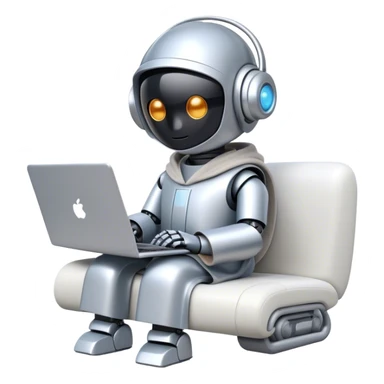 Emoji of a remote-working robot in a cozy smooth bathrobe with a laptop. The robot has a sleek helmet-like head with LED digital eyes. Relaxed yet high-tech vibe. sticker