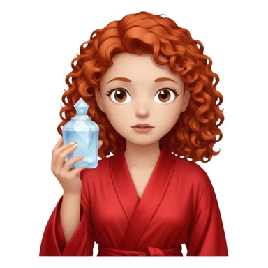 Cartoon emoji of a girl with voluminous curly red hair, fair skin, warm brown eyes. Wearing a chic milky silk robe with long sleeves, no makeup. Portrait mode, holding a ice cube for face skin care, looking doubtful and unsure. Smooth, simple, stylized." sticker