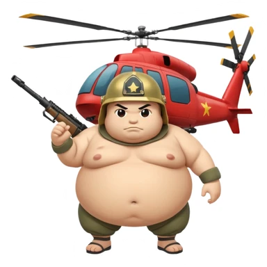 A fat sumo fighter holding a RPG with a army helmet and he’s hanging off a side of a helicopter  sticker