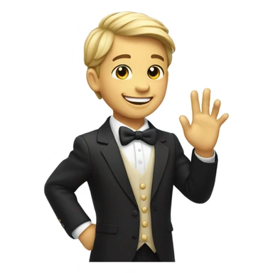 smiling boy in formal attire, waves his right hand Hello! sticker