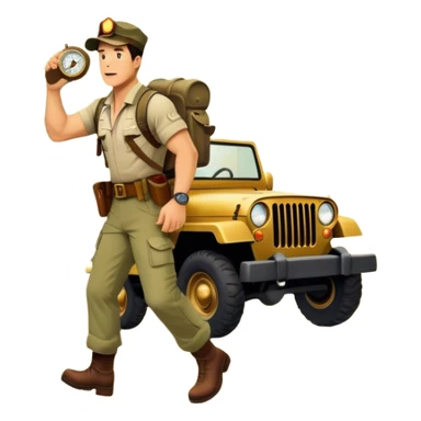 A vintage movie poster-style collage. Include action-packed elements like a treasure map, jungle scenes, a rugged explorer with a compass and a speeding jeep. Add a shadowy figure resembling close-up Mark Wahlberg in adventurous gear. Jungle background. Transparent background. sticker