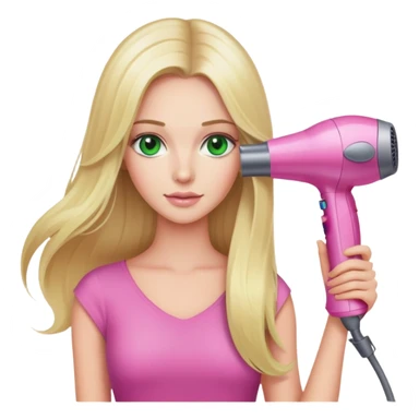 blonde woman with long hair and green eyes holding a pink Dyson hair dryer sticker
