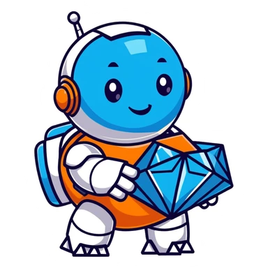 smiling robot holding a large blue diamond sticker