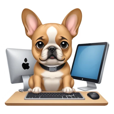 Fawn Frenchie with black muzzle working behind computer sticker