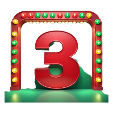 A 3D number 3 in a movie theater setting, shiny red surface; bright string lights on the number, the border is green with tiny string lights like stroke ; cinematic glow with subtle haze; glossy, premium Hollywood countdown look; centered composition. sticker