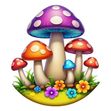 A round psychedelic colored button with beveled edges and colorful hippie style mushrooms sticker