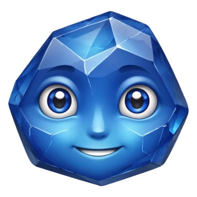 A single sapphire-blue faceted rock head, chunky and worn, with a few visible cracks and chipped facets but still shiny, big kind eyes and a confident smile, 3 sticker