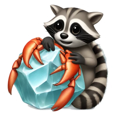 a raccoon hugs an ice cube which a crab inside sticker