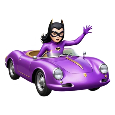 BatGirl driving her satin-black and rose gold 1955 Porsche 550 Spyder too fast in the country, despite the rainy conditions making the tires slippery, sliding sideways with her black hair fluttering in the wind (purple shiny latex catsuit, black car)  sticker