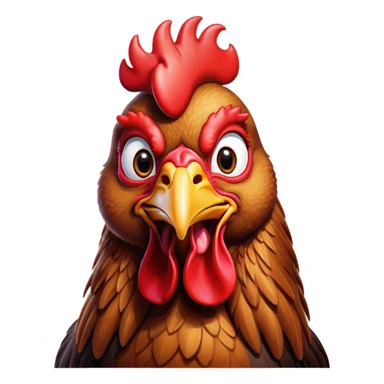 Cinematic Comical Brown Rooster Portrait Emoji, Head tilted dramatically with an exaggeratedly amused expression, featuring a striking, glossy brown plumage with a bold red comb, wide, expressive warm eyes filled with playful disbelief, Simplified yet hilariously expressive features, highly detailed, glowing with a slightly sassy glow, high shine, dramatic yet playful, stylized with an air of cheeky mischief, bright and endearing, soft glowing outline, capturing the essence of a spirited and over-the-top rooster, so meme-worthy it feels like it could crow its way into internet fame instantly! sticker