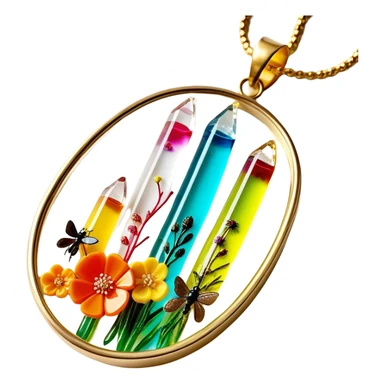 Create an icon that represents decorative arts using epoxy resin. The design should feature colorful tubes of resin, including fluorescent resin tubes, with visible drops or strokes of resin being applied to create intricate designs. Include finished resin jewelry pieces, such as pendants or rings, containing preserved flowers and insects encased in clear resin. The composition should feel vibrant, artistic, and delicate, showcasing the unique beauty of resin art with natural elements. The background should be transparent sticker