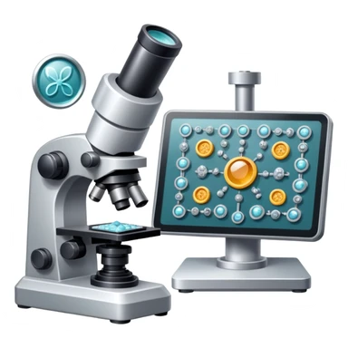 An icon featuring two-ocular electron microscope, a metal alloy, atomic structure symbols, a crystal structure. The design includes different materials like metals, ceramics and polymers, alongside a stamp representing testing and quality control. Transparent background sticker