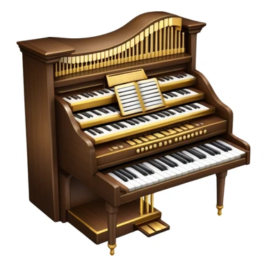 Create an elegant and majestic emoji representing a classical organ. The design should feature the grand pipes of the organ in the background, with visible details of the keys and pedalboard in the foreground. The pipes should be tall and impressive, with a mixture of gold, silver, and metallic shades to emphasize the grandeur of the instrument. The keyboard and pedals should be well-defined, capturing the intricate craftsmanship of the organ. Use dark wood tones and gold accents for the body of the instrument to give it a rich, historic feel. Add subtle musical notes around the organ to evoke its deep, resonant sound. The background should be transparent. sticker