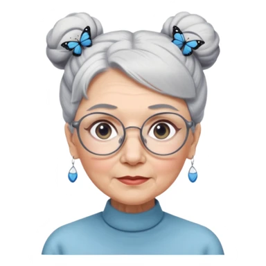 A beautiful grandmother with a delicate face and white/grey hair styled in high buns. She has steely blue/grey eyes and an intense gaze, and wears pretty glasses with butterfly frames. No background sticker
