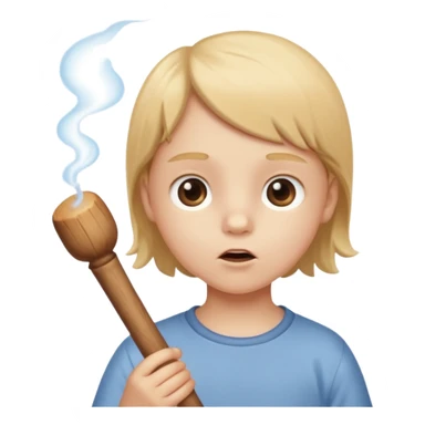 A white child blows his lips into a stick sticker