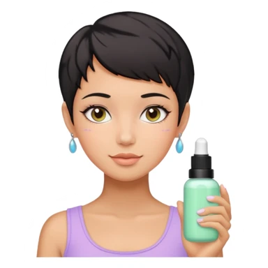 tan girl with black hair & a pixie cut no earrings doing cute pastel colors skin care sticker