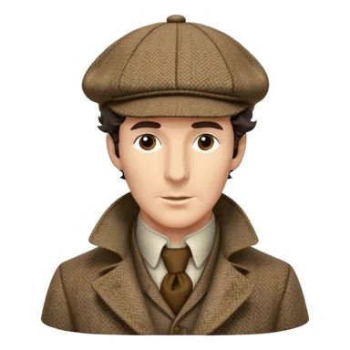 sherlock holmes, wearing a deerstalker hat with the fabric is often tweed, which features a subtle checkered or herringbone pattern with darker and lighter threads woven together, creating texture and depth.  sticker