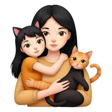 A black-haired girl hugs a ginger cat and A black cat sticker