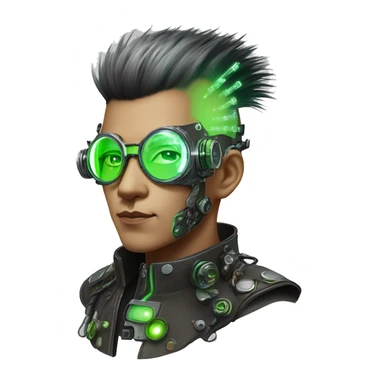 Mohawk hair with neon green highlights Asian male cyborg head with neon silver steampunk goggles and circuits sticker