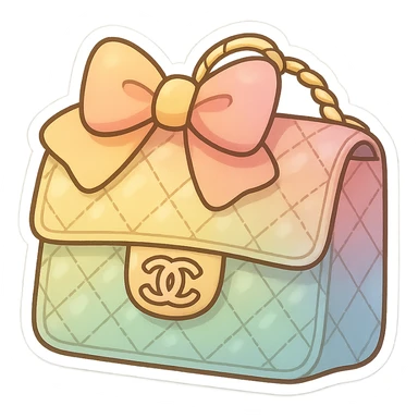 a cute and exaggerated chibi stickers style Chanel purse with a rainbow gradient and big bow sticker