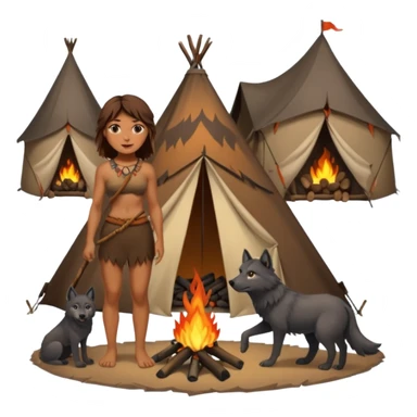a NEANDERTHAL WOMAN WITH BROWN HAIR STANDING BY A FIRE AND TENT WITH BLACK WOLF sticker