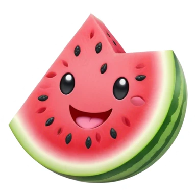 Cute Kawaii Watermelon Slice, juicy and vibrant, soft pastel green rind with pink flesh, tiny black seeds shaped like hearts, an adorable happy face with cute round eyes, bursting with summer energy! sticker