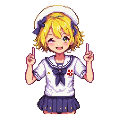 Pixel art anime girl with short bright yellow hair wearing Japanese sailor style school uniform, making victory peace signs with both hands, winking happily with excited expression sticker